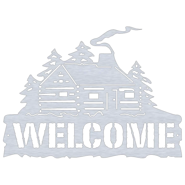 Aluminum wall sign featuring a detailed log cabin with smoke rising from the chimney, surrounded by pine trees. The word 'WELCOME' is prominently cut out at the bottom, with a rugged, rustic design. Displayed on a black background, highlighting the silver metallic finish and intricate cutouts.